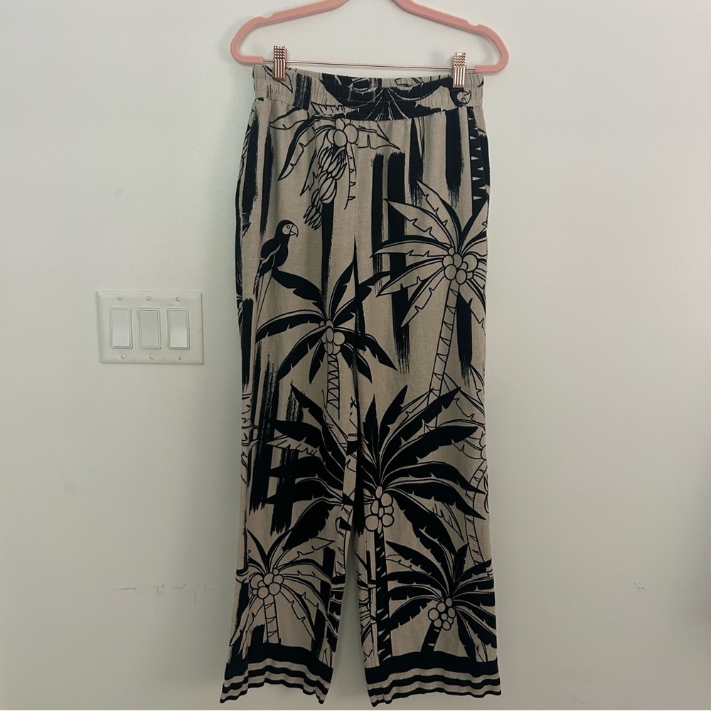 Rachel Zoe Beige & Black Tropical-Palm Print Wide Leg Linen-Blend Pants Women S